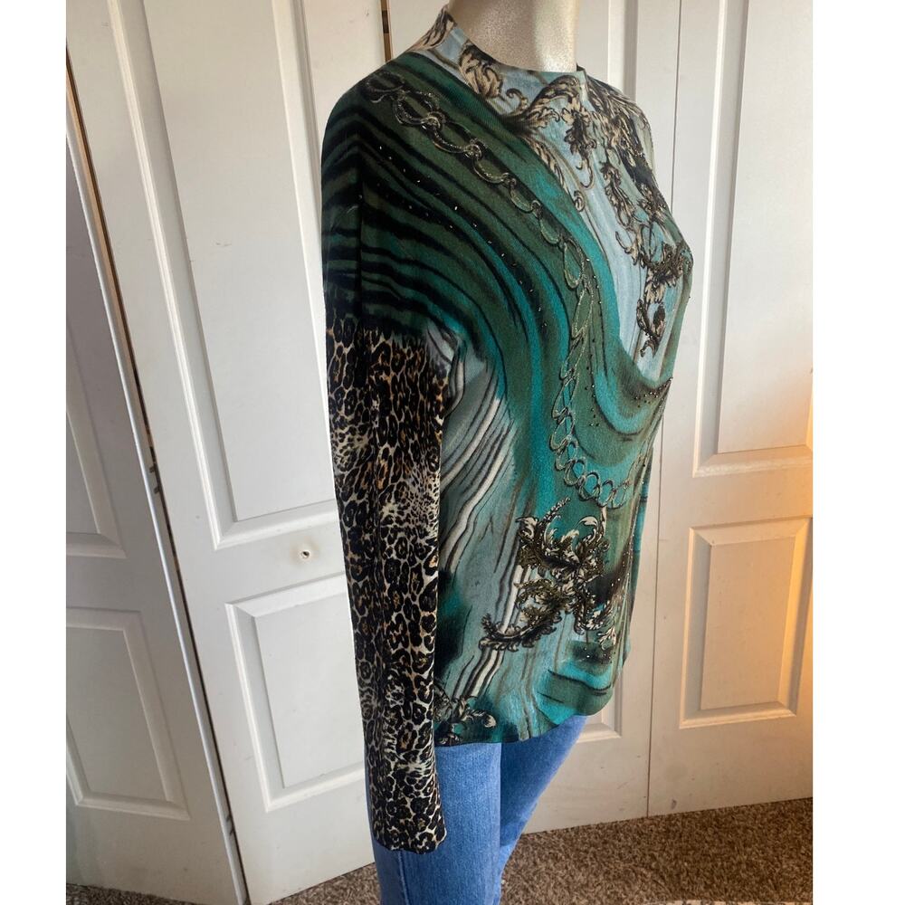 Alberto Makali Beaded Graphic Mesh Knit Top Teal Leopard Print Size M - Picture 2 of 7